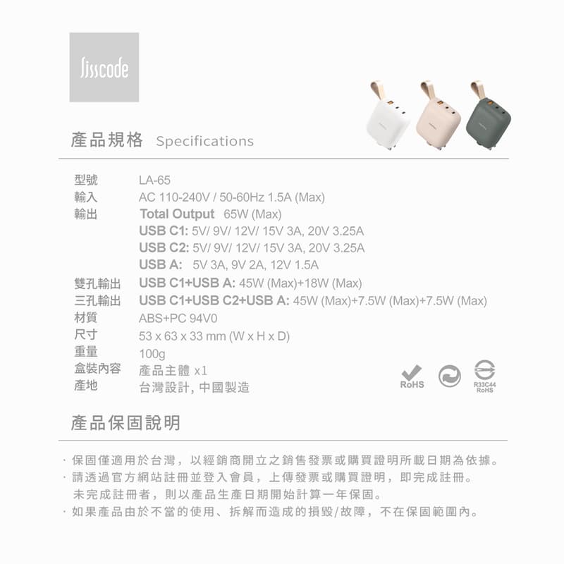 免運/可刷卡/超取【Lisscode】Mantou 65W氮化鎵PD充電器 | 三孔快充頭 LA-65