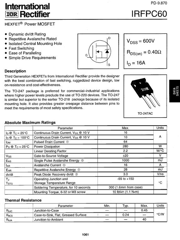 IRFPC60 IR MOSFET N-CH 600V 16A TO247-3 | 露天市集 | 全台最大的網路購物市集