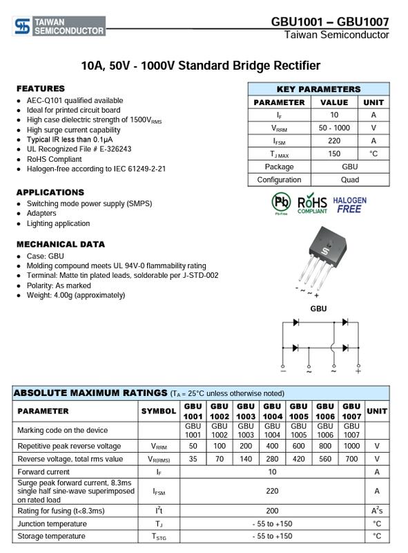 GBU1006 BRIDGE RECT 1PHASE 800V 10A GBU | 露天市集 | 全台最大的網路購物市集