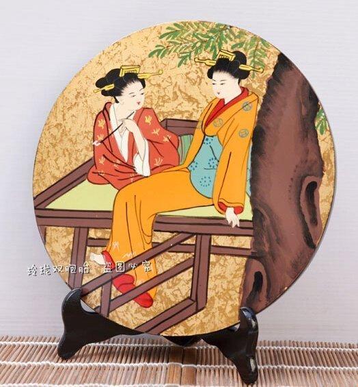 新品出口日本手工漆畫 料理餐廳裝飾浮世女圓形臺板擺件人形人偶多款居家擺設擺件