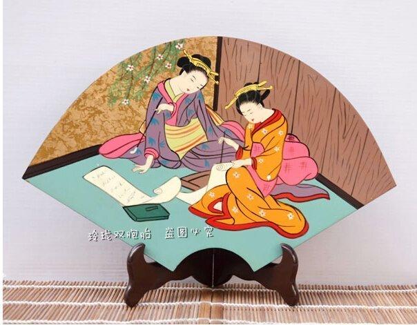 新品扇型臺板漆畫 日本仕女畫擺件 日式裝飾工藝品擺件 閱書扇形105