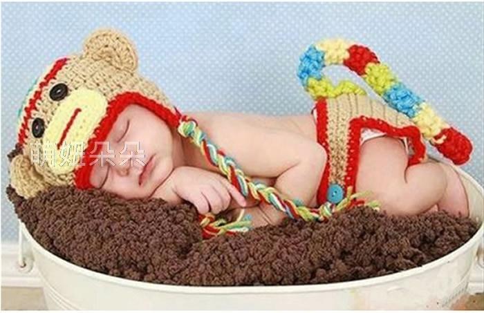 ♥萌妞朵朵♥新生兒寶寶可愛猴子造型寶寶攝影服/滿月百天服裝拍照服/毛線帽子/攝影針織服
