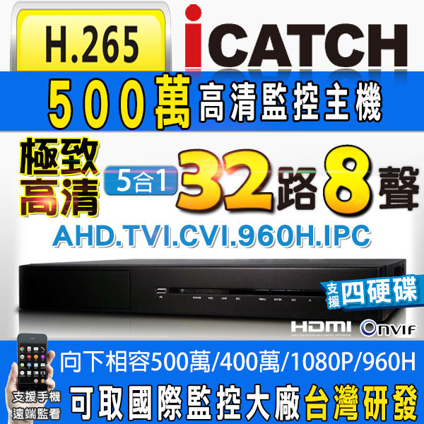 H.265 可取DVR ICATCH 32路 8聲 四硬碟 500萬 5MP 主機 AHD TVI CVI