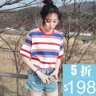 韓版經典百搭寬鬆配色條紋卷邊短袖T恤女(T-488)均碼