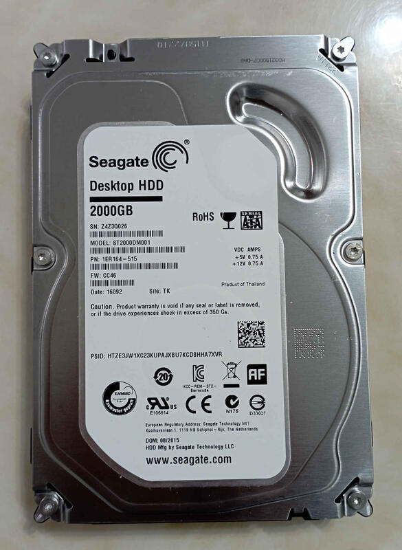 自用 少時數 希捷 Seagate 2TB 3.5吋 硬碟 7200RPM ST2000DM001