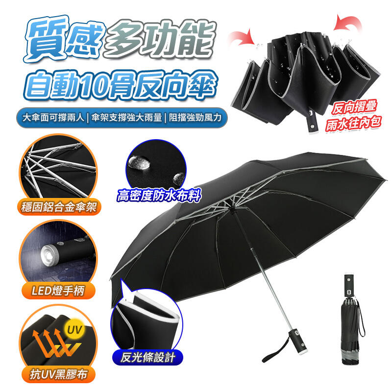 【LED全自動反向傘 伸縮摺疊 自動開合 加大傘面】 反光條包邊 堅韌纖維傘骨可彎曲180度 雨傘 反向傘 自動傘