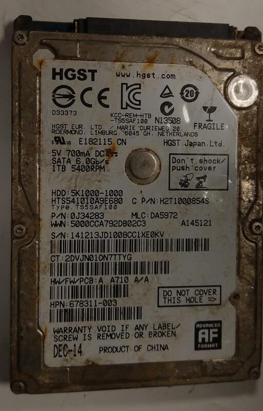 二手HGST 1TB 2.5吋SATAⅢ內接式硬碟HTS541010A9E680(上電無反應當測試報帳品