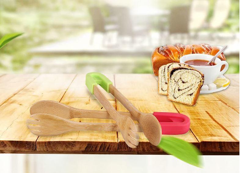 【可拆卸麵包沙拉夾】竹質食品夾子麵包燒烤夾自助餐夾矽膠食物夾烘焙工具A