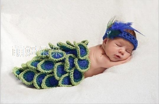 ♥萌妞朵朵♥新生兒寶寶可愛孔雀造型寶寶攝影服/滿月百天服裝拍照服/毛線帽子/攝影針織服