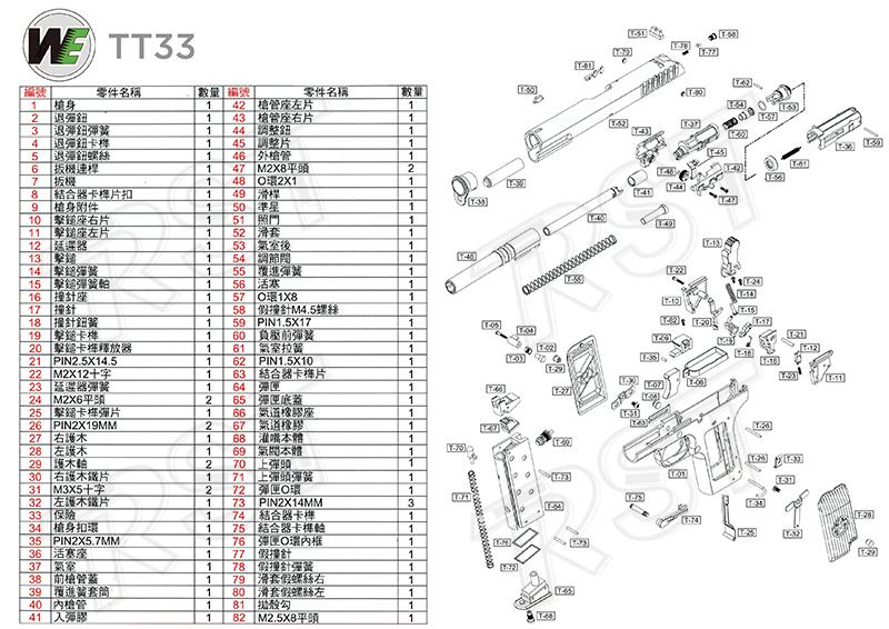 RST 紅星快遞- WE TT33 TT-33 黑星托卡列夫瓦斯手槍零件爆炸圖維修料件