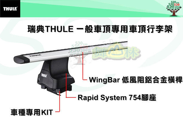 瑞典THULE 754一般車頂腳座(含鎖)+961(120公分WingBar低風阻鋁合金橫桿 )+專用KIT/行李架