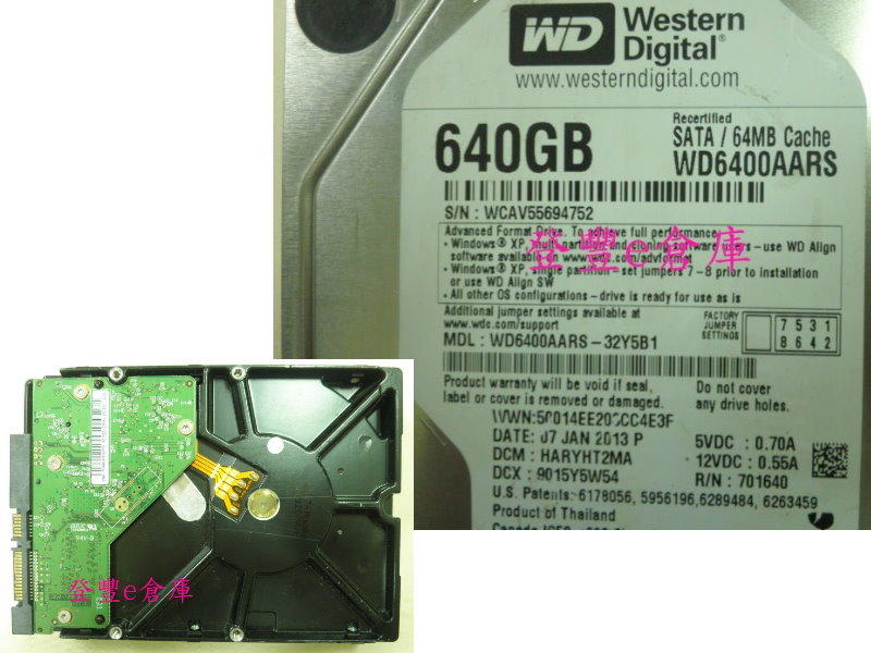 【登豐e倉庫】 F468 WD6400AARS-32Y5B1 640G SATA2 摔到硬碟 錯誤格式 救資料