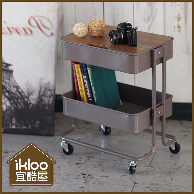 05/【ikloo】工業風上木板雙層收納置物籃/推車-灰色款/收納車/邊桌/置物車
