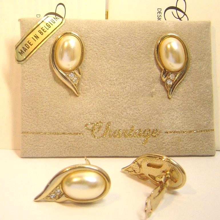 【比利時 Chartage】無過敏無鎳包18K金養珍珠 水晶鑽 夾式耳環(9104188)