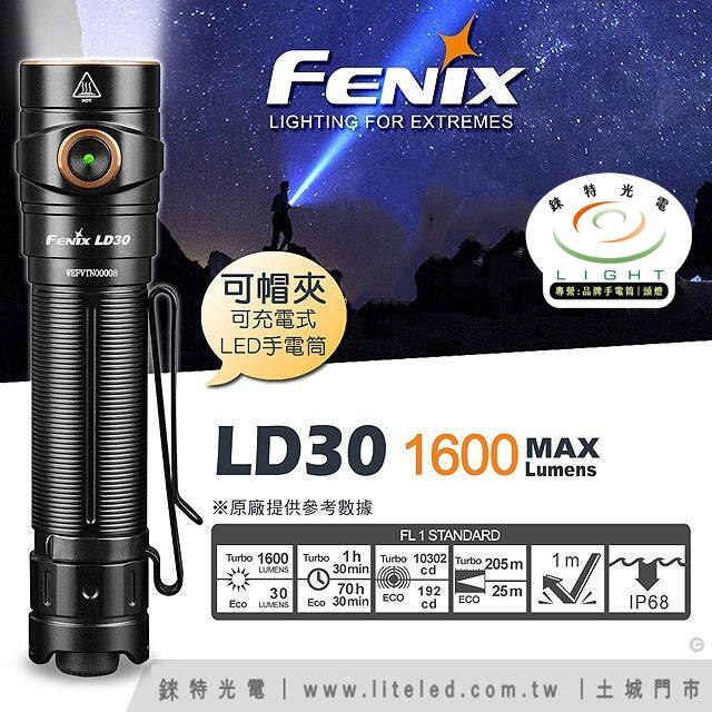 【錸特光電】FENIX LD30 1600流明 205米 附18650電池 USB充電 輕巧戰術手電筒 雙向抱夾 EDC