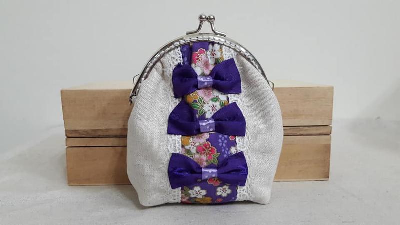 【小茉莉】手作拼布口金包→口金包 零錢包→紫蝴蝶蕾絲櫻花