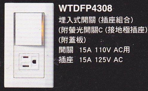 國際牌 星光系列 大面板 WTDFP4308 單開關單插座附接地 一開一插附接地