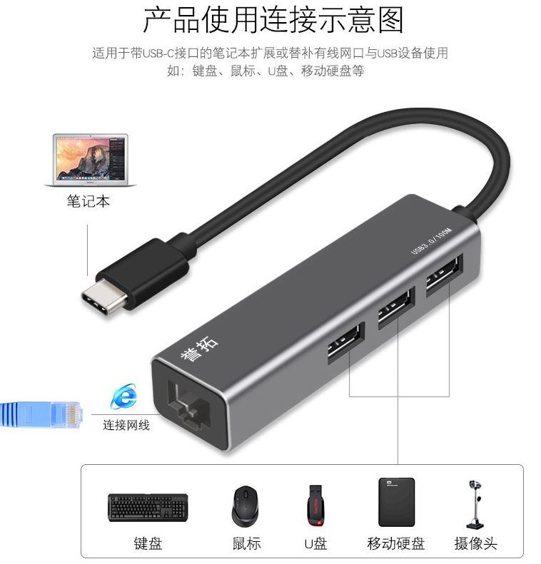 Type-C 轉 3埠USB3.0 HUB集線器+RJ45高速網路卡 鋁合金 高質感