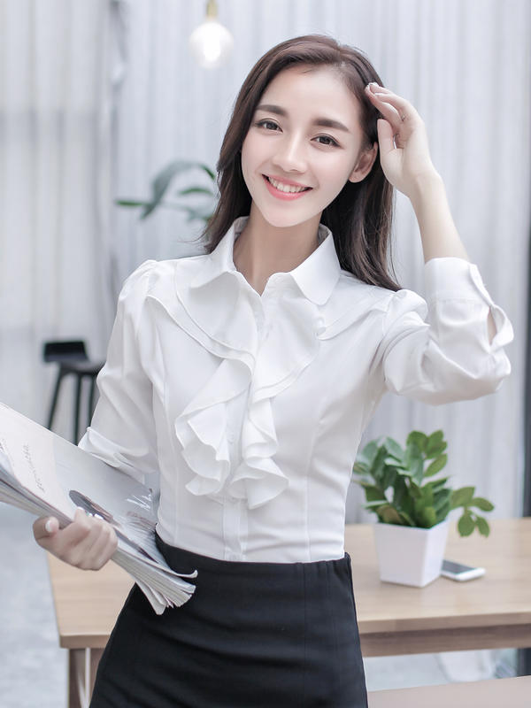 EC0285-2_純色休閒女襯衫長袖韓版職業裝米白色修身長袖襯衫/M