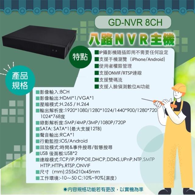 H.265+ 8路500萬數位監控錄影主機 8CH 5MP POE NVR