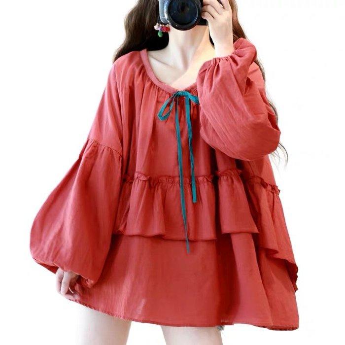 磚紅色 燈籠袖 中大尺碼 女 公主風 荷葉邊 襯衫 上衣 ∼ 8172