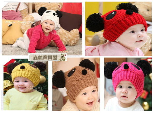 森林寶貝屋~雙球熊貓嬰兒針織帽~寶寶童帽~熊貓造型帽~兒童帽~幼兒套帽~毛線帽~外出拍照必備~5色發售