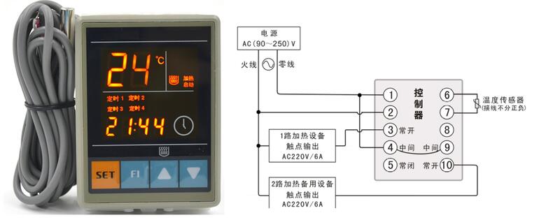 AC90~250V四個時段定時溫度控制器,具有手動強制加熱,手動停止加熱功能