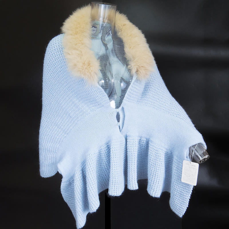 日本品牌Rirandture藍色皮草針織披肩 斗篷 毛領可拆變圍巾