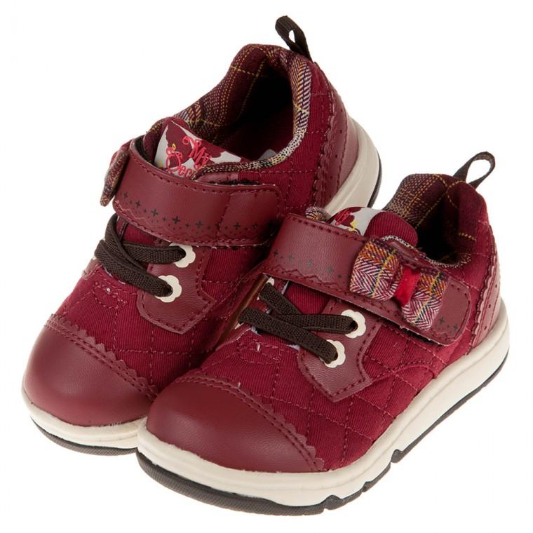 童鞋(15~19公分)Moonstar日本酒紅色學院格紋蝴蝶結兒童機能運動鞋I9U502A