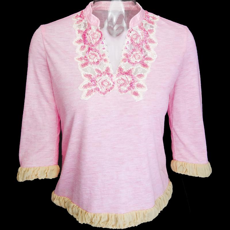 設計師品牌Laicarfore 萊卡佛粉色蠶絲串珠蕾絲7分袖上衣