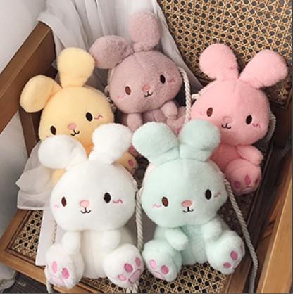 兔兔絨毛斜背包 可愛 兒童包 絨毛包包 粉色 黃色 綠色 兔子包 兔兔包 手機包 手機袋