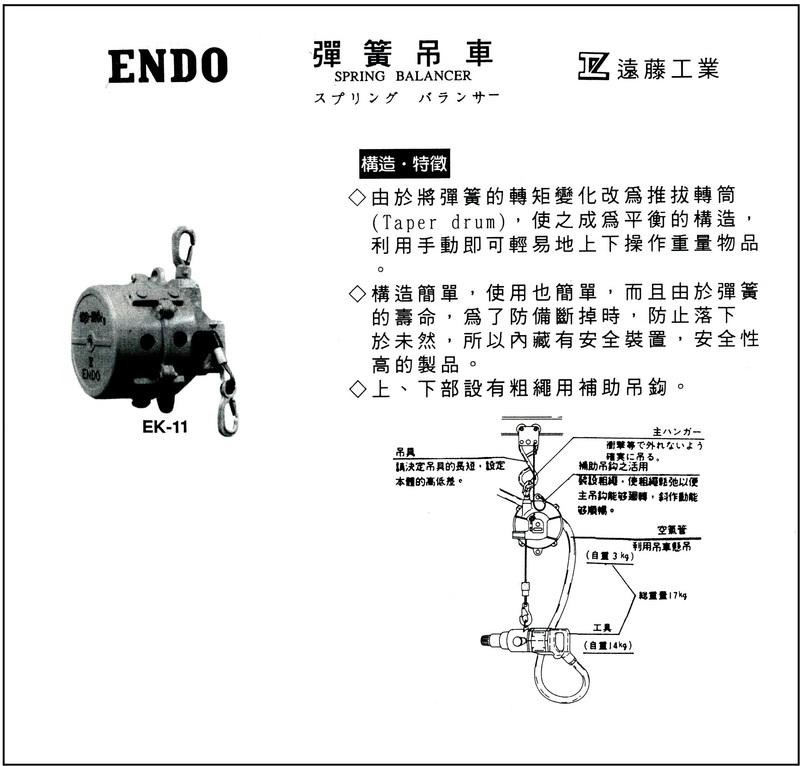 (庫存全新)ENDO日本製 遠藤工業 彈簧吊車 平衡器 EK-11(吊重70-85KG 鋼索1.5米長)非EWF-90