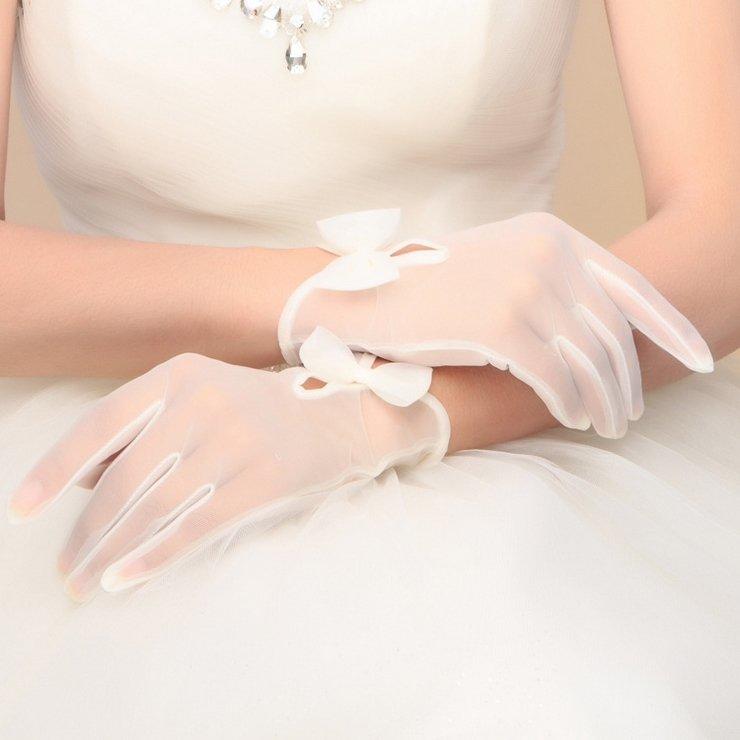 米色 新娘 婚紗 晚宴 禮服 蝴蝶結 蕾絲 短手套 高貴 典雅 禮服 配件 造型 飾品 - 9527-1