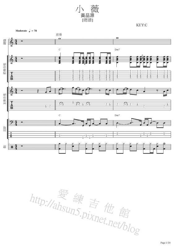 團譜 ~黃品源_小薇~[吉他譜][貝斯譜][鼓譜][鍵盤][五線譜][樂譜]