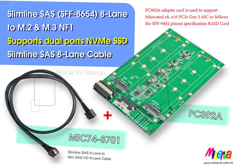 PC892A-Slimline SAS8x to M.3 NF1 SSDx2 轉卡+MIC72-9801 cable套件