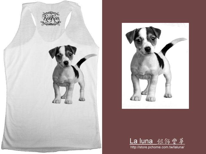 【La luna 銀飾豐華】白色短版動物圖案背心－捷克羅素犬　(K208)