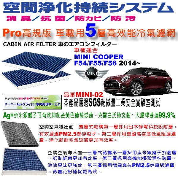 和霆車部品中和館—活性碳+奈米銀離子Ag+ MINI COOPER F54/F55/F56適用PM2.5除臭抗菌冷氣濾網
