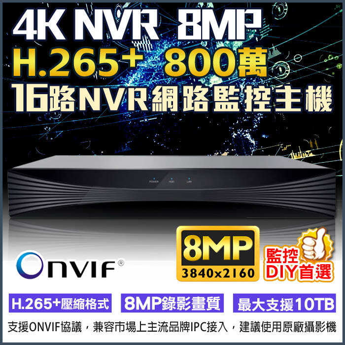 監視器 NVR 網路監控主機 16路 H.265+壓縮格式 800萬 8MP 高清主機 Onvif 4K