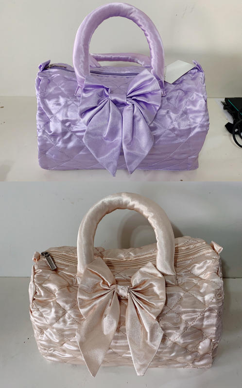緞面紫色、杏色/金色—手提曼谷包、水桶包