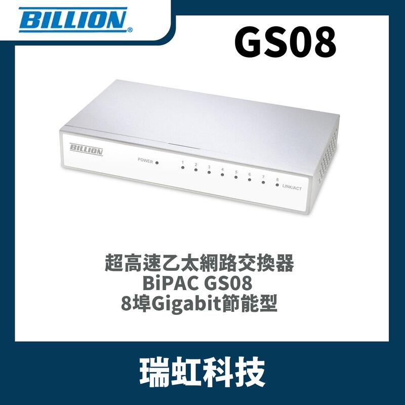 超高速乙太網路交換器 BiPAC GS08 8埠Gigabit節能型 BILLION 盛達電業 流量管理 緩衝記憶體