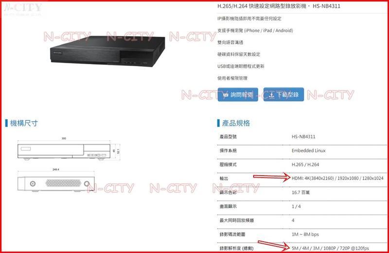 台灣4路500萬畫素混合式五合一DVR網路型錄放影機TVI/AHD/CVI/CVBS/IP-NB4311