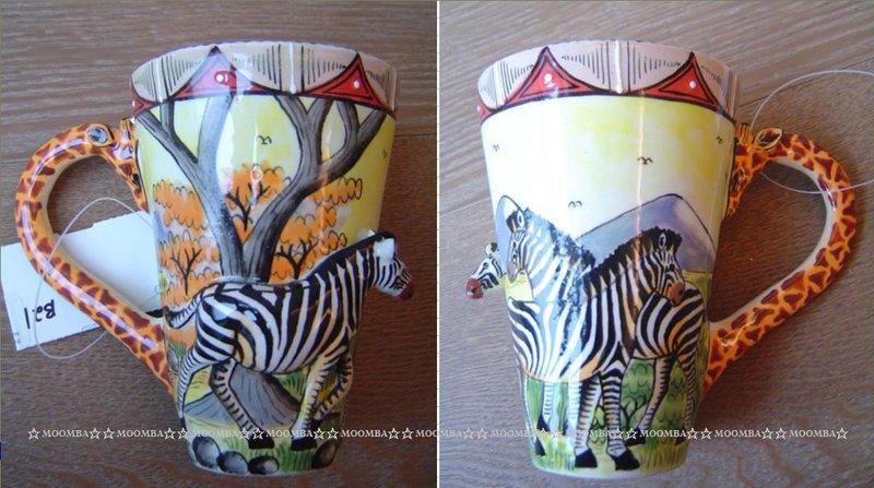 ☆MOOMBA☆ South Africa 南非 手工製 動物 長頸鹿手把 彩繪 陶杯 - 斑馬 INTU-ART COFFEE MUGS GIRAFFE HANDLE #452
