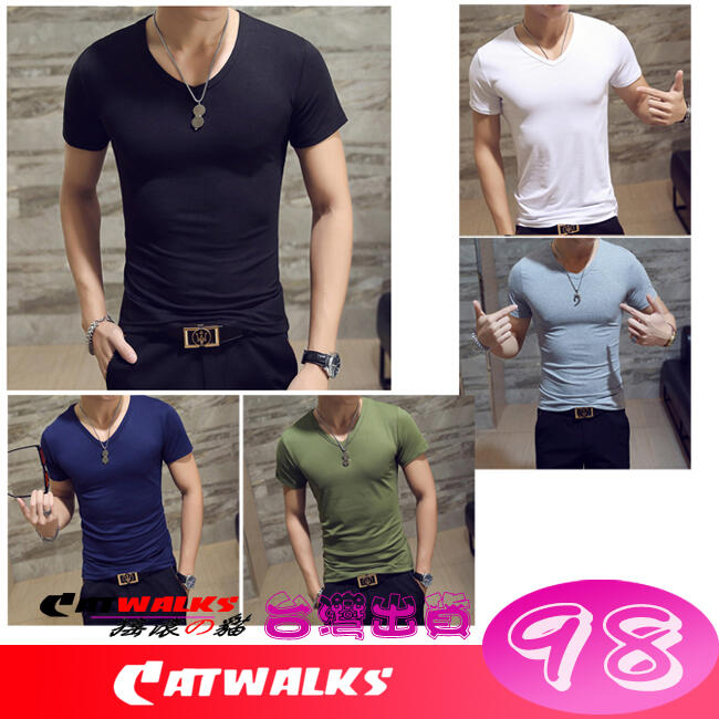＊ Catwalk's 搖滾の貓 素雅款純色小V領舒適款短袖棉T ( 黑色、白色、灰色、軍綠色、深藍色 ) M-XXXL