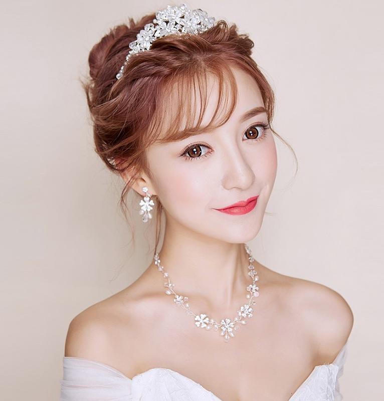 美晶聚💎水鑽水晶皇冠項鍊耳環三件組韓式婚紗禮服髮飾公主生日髮飾