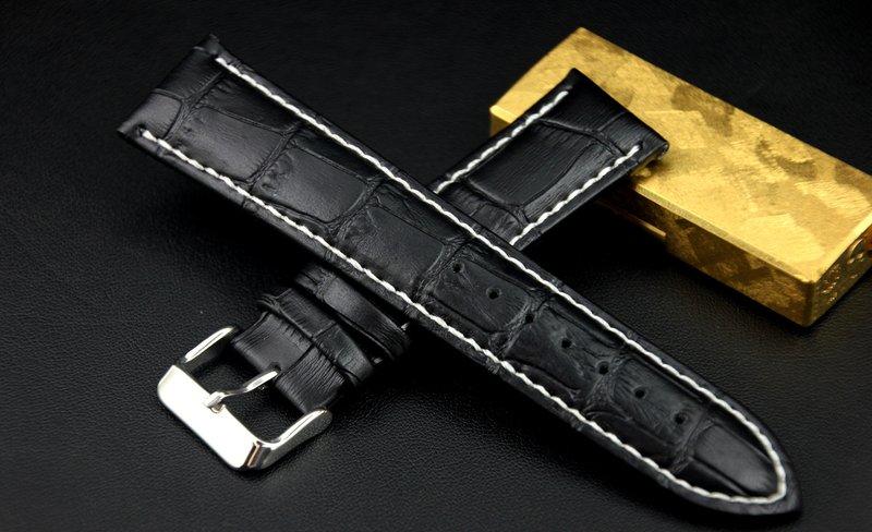 庫存品出清～20mm黑色壓鱷魚皮紋錶帶白線,太超值,非swiss紳士錶機械錶必備