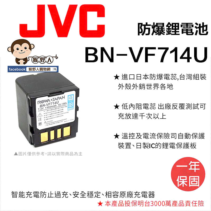 【猴野人】副廠 JVC 鋰電池 BN-VF714U 防爆電池 BNVF714U 日本防爆電蕊 一年保固 相機電池 配件