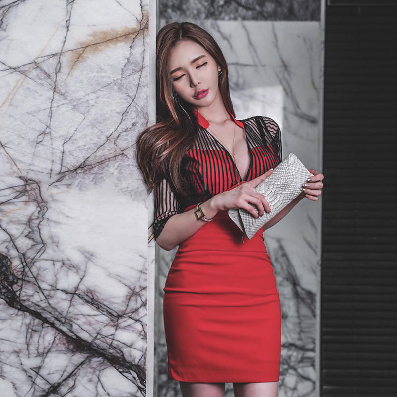 ╭★愛羨芭比★╮ (9265) 韓妞時尚 氣質深V領顯瘦網紗拼接連衣裙 S-XL【預購】