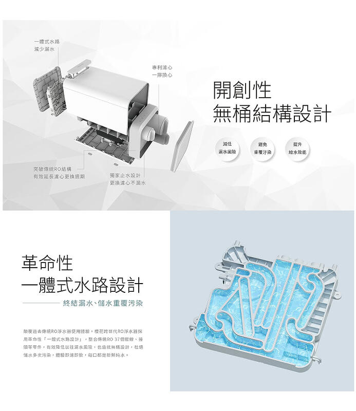 減少突破傳統結構有效延長心更換獨家止水設計更换心不漏水革命體式水路設計終結漏水儲水重覆污染淨水器使用樱花跨世代RO淨水器用性一體式水路設計」整合傳統RO 、頭等零件有效降低以往溺水設計,杜絕多次污染,體驗飲,每口都是新鮮純水。專利心一心開創性無桶結構設計避免提升水重慶汙染给水效能
