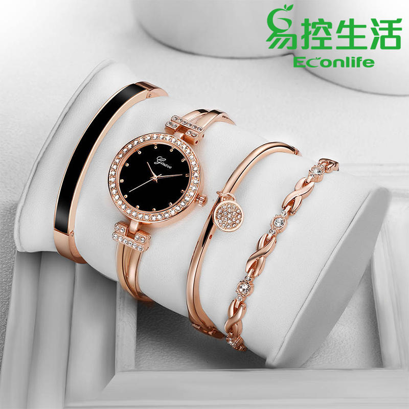 EconLife ◤ 女用時尚飾品◢ 玫瑰石英錶 手環 手鍊 飾品四件組 黑面/白面兩色可選(J-30-015ROW)