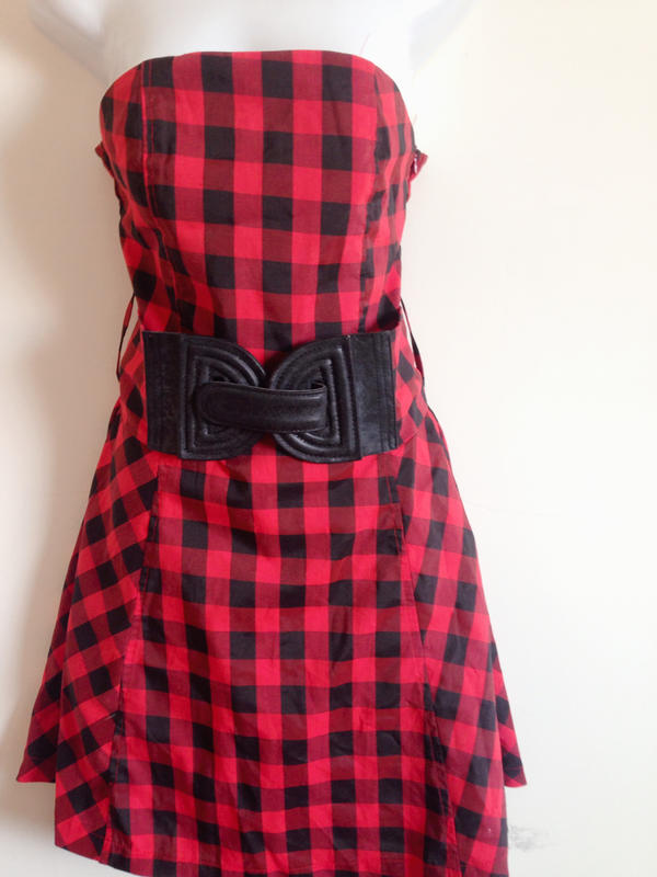 紅黑格紋平口小洋裝